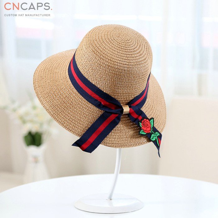 Lady beach straw hat w/ color stripe hat band - CNCAPS