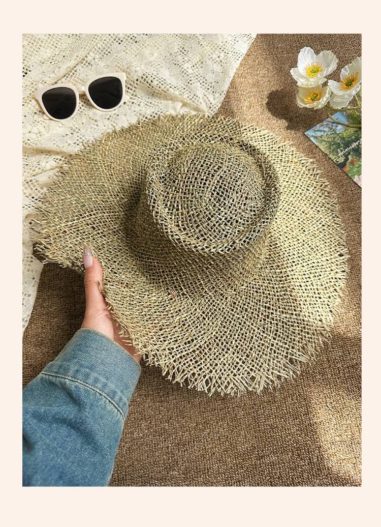 rush mat grass straw hat raw edge