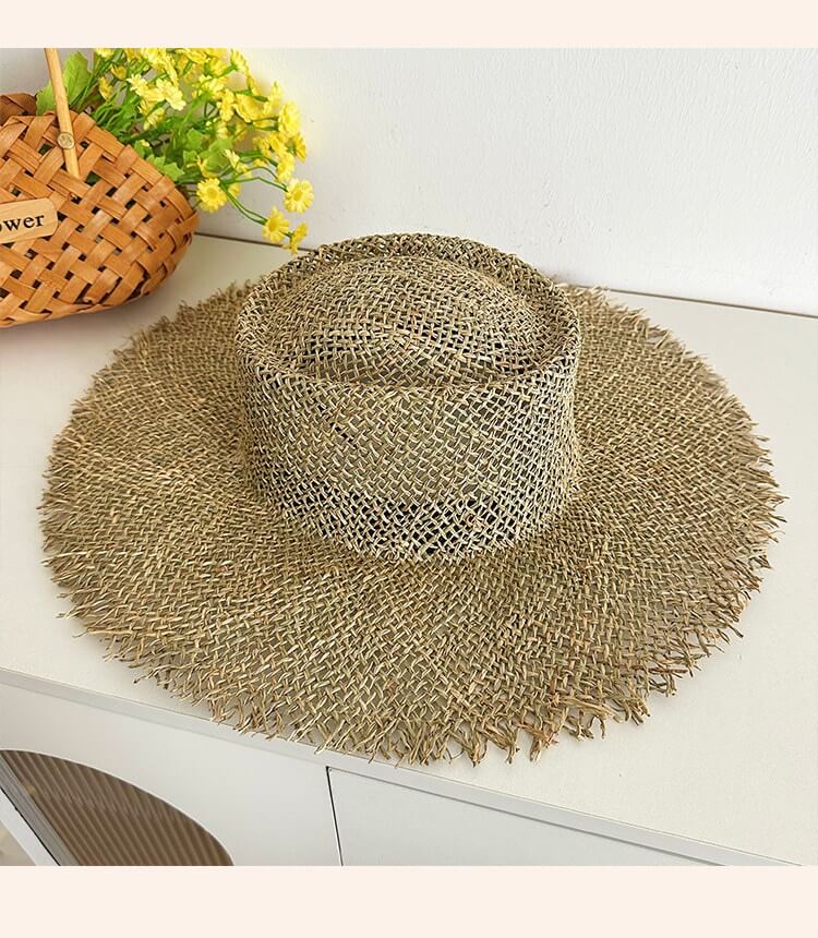 rush mat grass straw hat raw edge