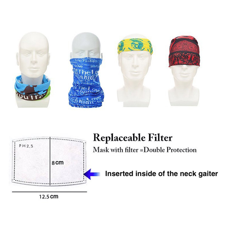 Wholesale Custom Bandana Neck Gaiter Warmer Face Mask w/ Filter