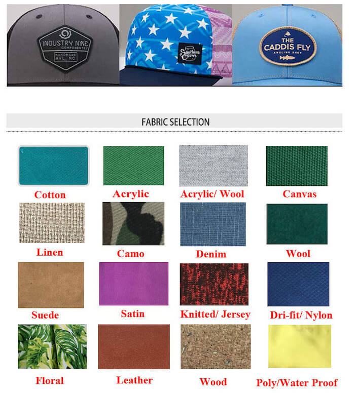 fabric options for 6 Panel Fish Custom Hat with Embroidery Patch 