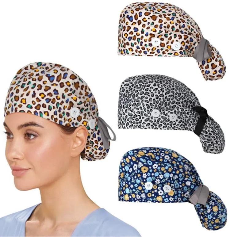 bouffant satin lined scrub caps custom logo bouffant hair surgical ponytail hats wholesale