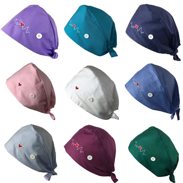 pixie satin lined scrub caps button custom logo bouffant hair surgical ponytail hats wholesale