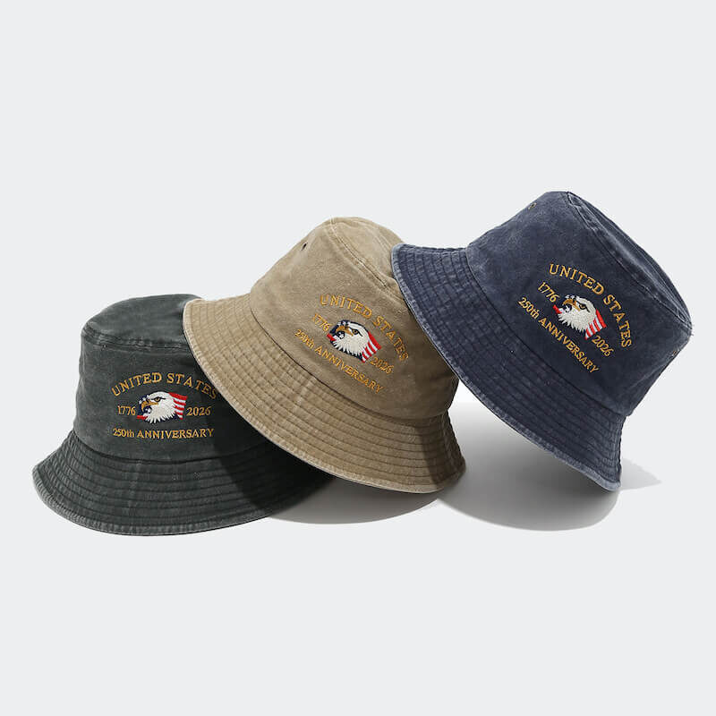 Chapeau seau personnalisable pour anniversaire de l'indépendance des États-Unis, vente en gros, chapeau en Denim d'aigle brodé pour marchandises patriotiques th US Independence Anniversary Customizable Wholesale Bucket Hat Embroidered Eagle Denim Hat for Patriotic Merchandise
