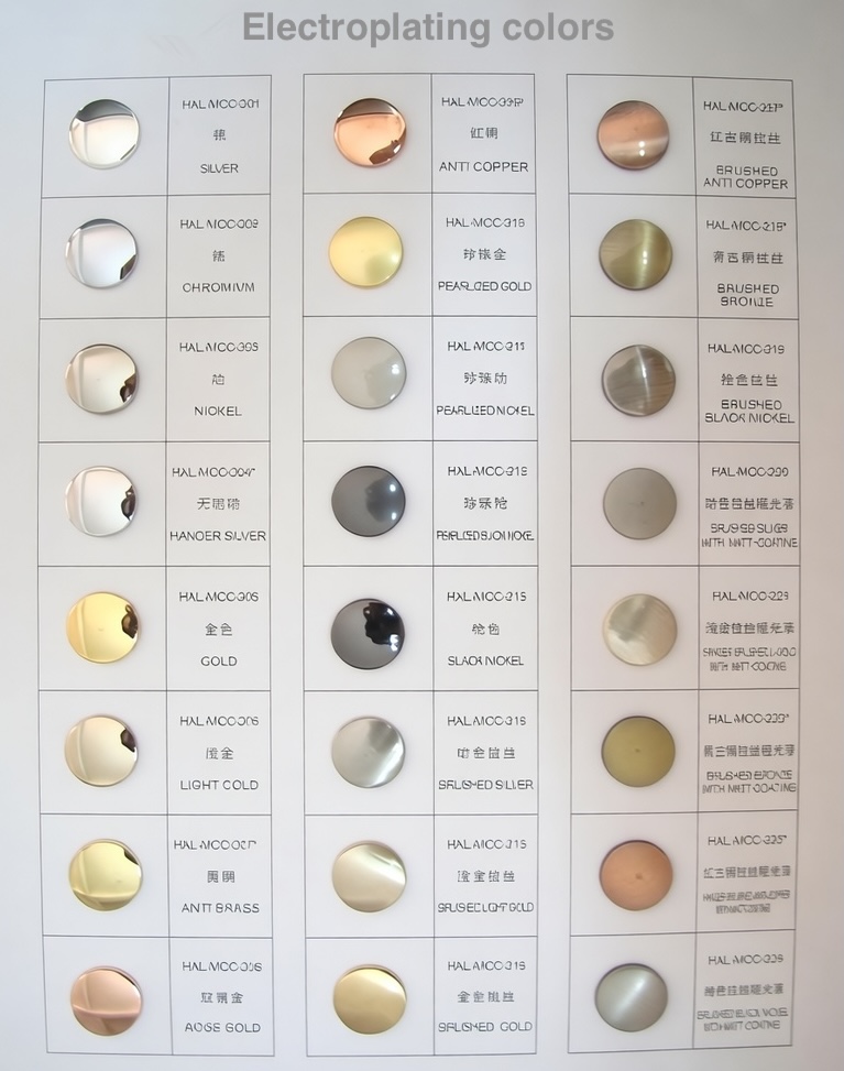 Electroplating color chart for custom metal buckles and cap hardware - silver, chrome, nickel, gold, anti brass, rose gold, gunmetal, black nickel finishes