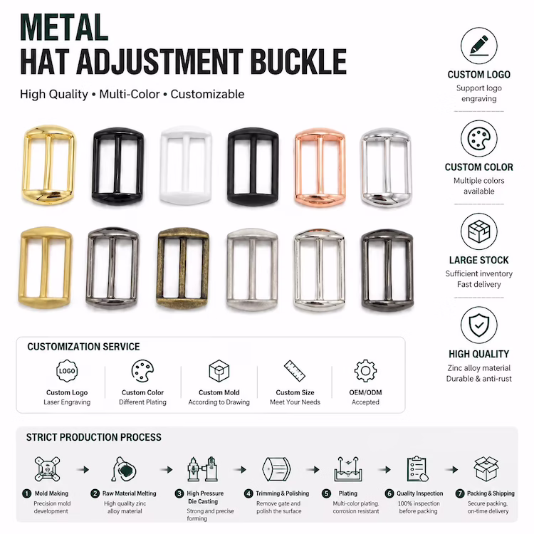 Metal Hat Adjustment Buckle Customization Optionstaillecouleur Metal hat adjustment buckle customization options - custom logo, color, mold, size, OEM/ODM accepted
